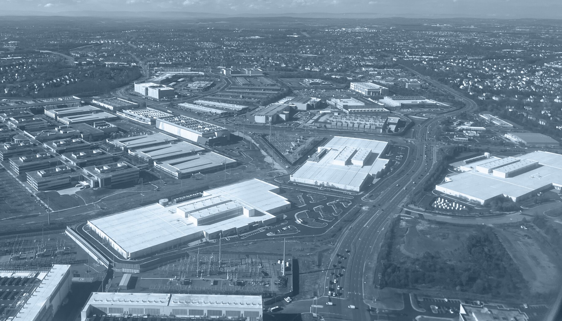 Aerial view of a large data center campus.